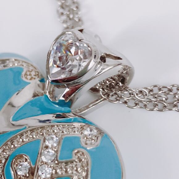 PJM Blue Enamel Heart Love Pendant Necklace CZ/Crystal Rhinestones Reversible - Picture 4 of 13